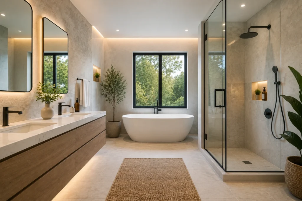 Luxury bathroom remodel with modern vanity, bathtub, and shower to increase home value