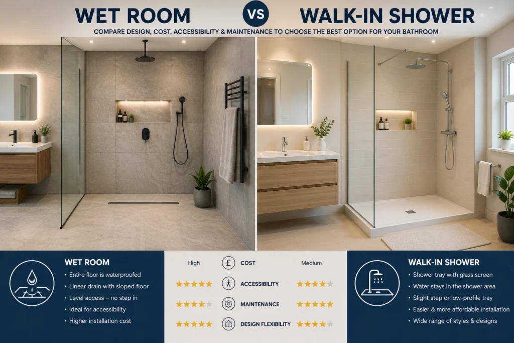 Premium wet room renovation with seamless tiled flooring and glass partition