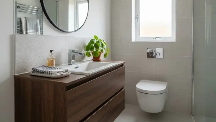 Contemporary UK bathroom with aerated water-saving tap and dual-flush toilet