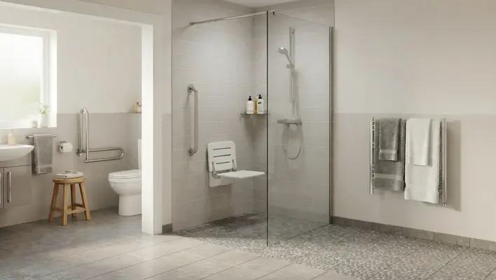 bath vs shower for accessibility with level access walk-in shower grab bars and seat
