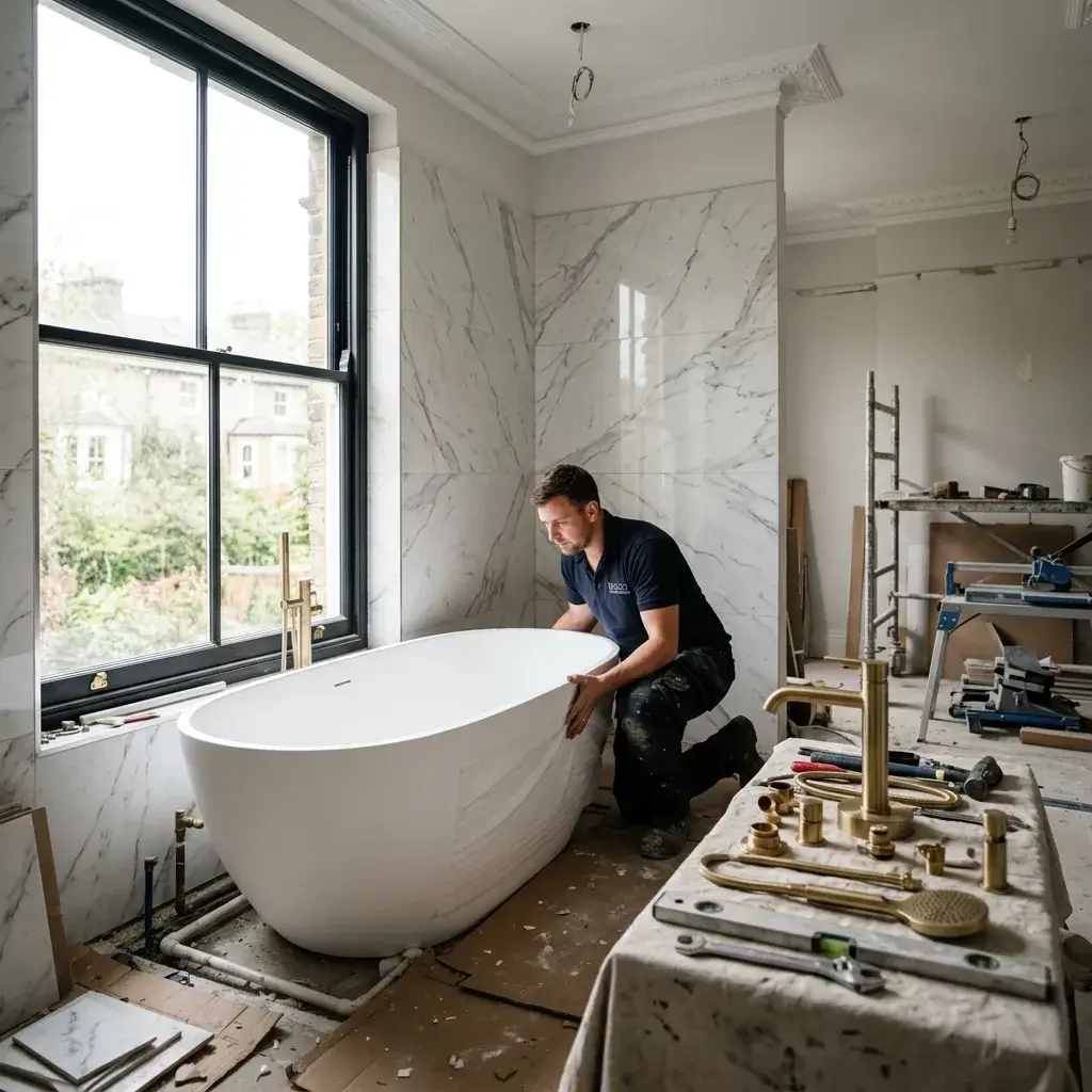 Contractor positioning freestanding bathtub in luxury marble-tiled bathroom renovation in Whitmore Reans