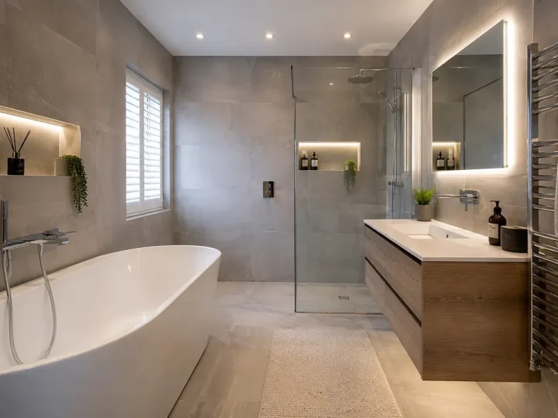 Modern luxury bathroom transformation showcasing a freestanding soaking tub, large-format grey porcelain tiles, a glass walk-in wet room, and a floating wooden vanity under warm LED backlit lighting for a bathroom renovation in Tettenhall.