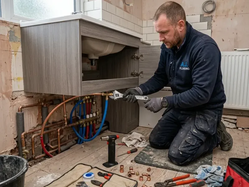 Plumber fitting pipework and connecting vanity unit during bathroom plumbing installation