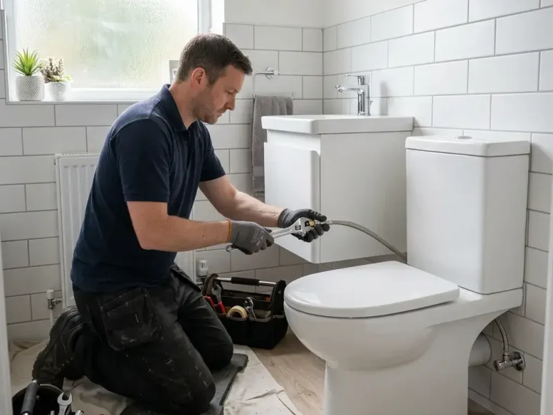 Tradesman fitting toilet and vanity unit as part of a new bathroom suite installation in Whitmore Reans