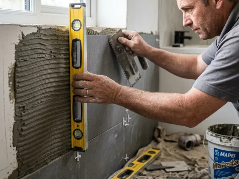 Tradesman tiling a bathroom wall with spirit level checking alignment Title: Bathroom Tiling Wolverhampton