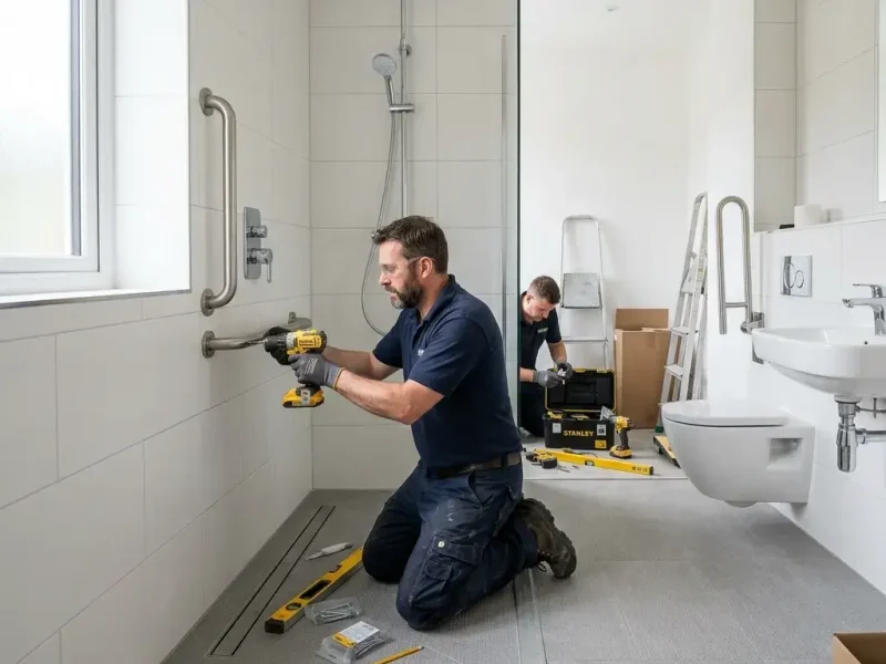 Contractor fitting grab rail in accessible walk-in shower during disabled bathroom adaptation in Whitmore Reans