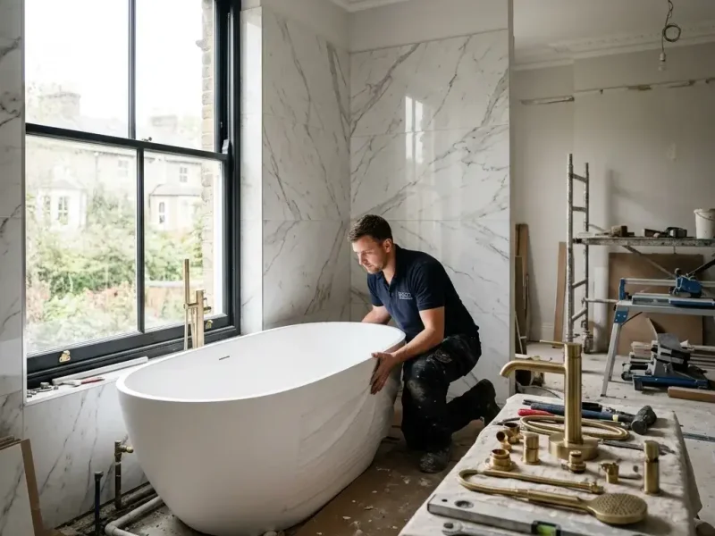 Contractor positioning freestanding bathtub in luxury marble-tiled bathroom renovation in Whitmore Reans