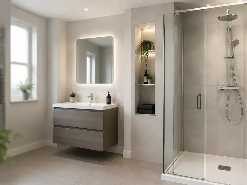 A modern renovated bathroom featuring a walk-in glass shower enclosure, rainfall showerhead, floating vanity, and LED mirror for a shower bath replacement Wolverhampton project.